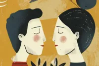 deux personnages se faisant face, les yeux fermés, dans une atmosphère douce et chaleureuse. Des éléments végétaux symboliques apparaissent entre eux, évoquant le lien, la croissance et la relation amoureuse.