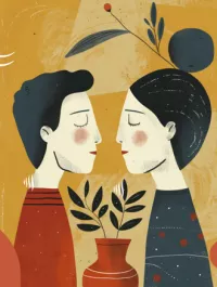 deux personnages se faisant face, les yeux fermés, dans une atmosphère douce et chaleureuse. Des éléments végétaux symboliques apparaissent entre eux, évoquant le lien, la croissance et la relation amoureuse. 